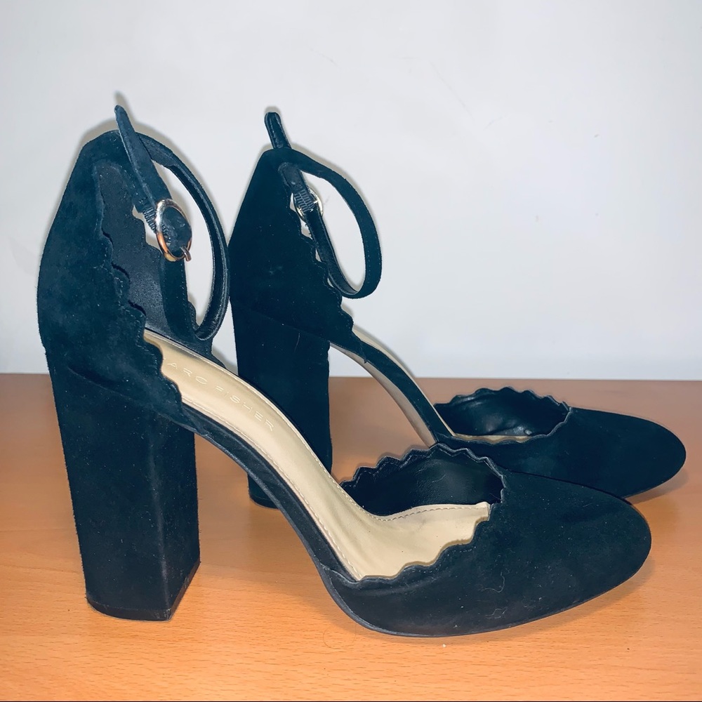 Women's Marc Fisher Sahar Ankle Strap Block Heel Black Suede D’Orsay size 9
